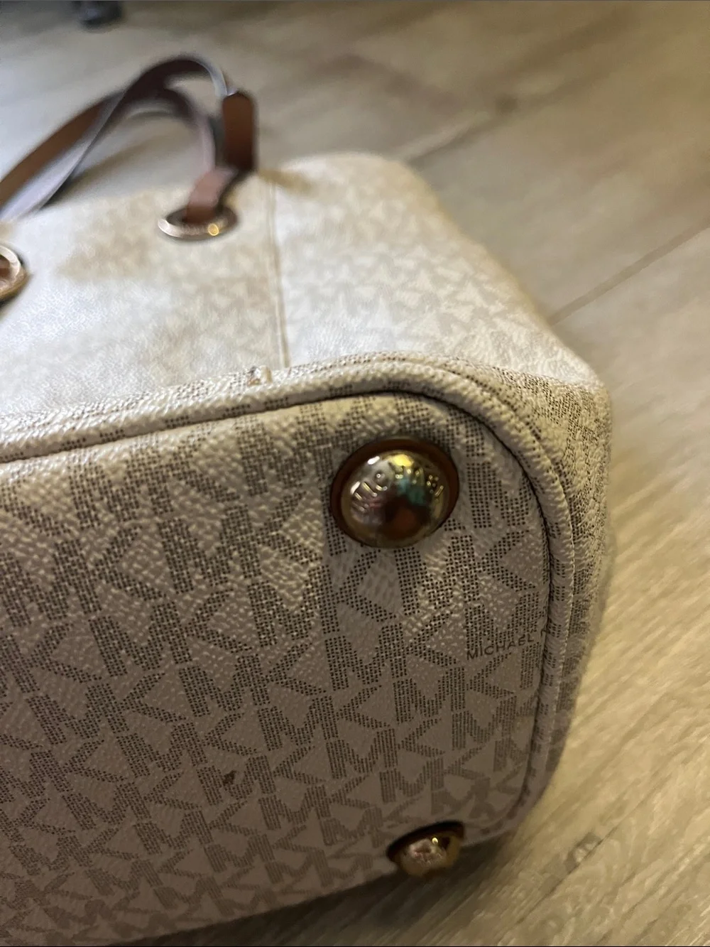 Michael Kors Cream MK Signature Tote with Brown Leather Straps